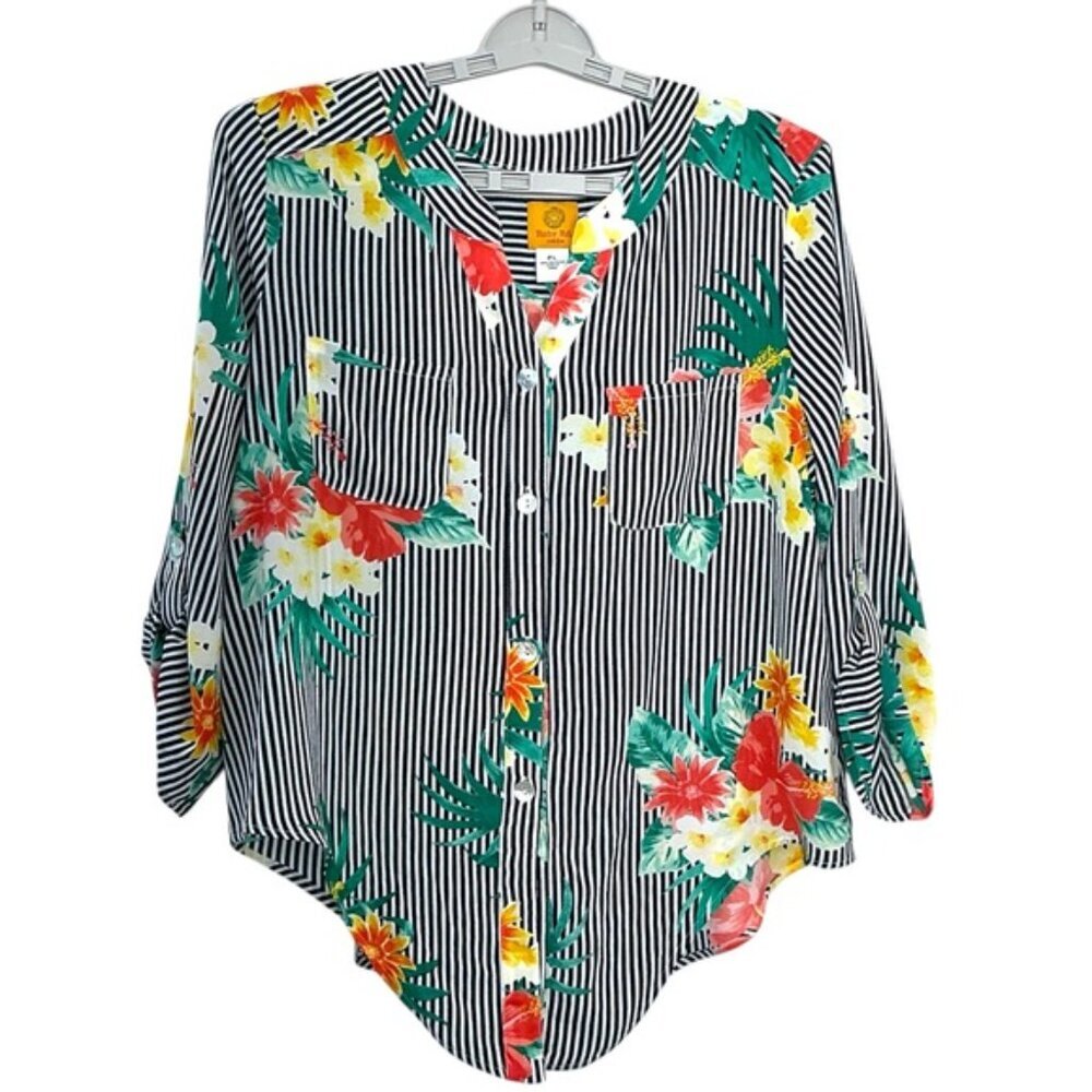 Ruby Rd Tie Up Top High Low 3/4 Sleeve Tropical Black White Stripe Petite Large - Picture 8 of 16